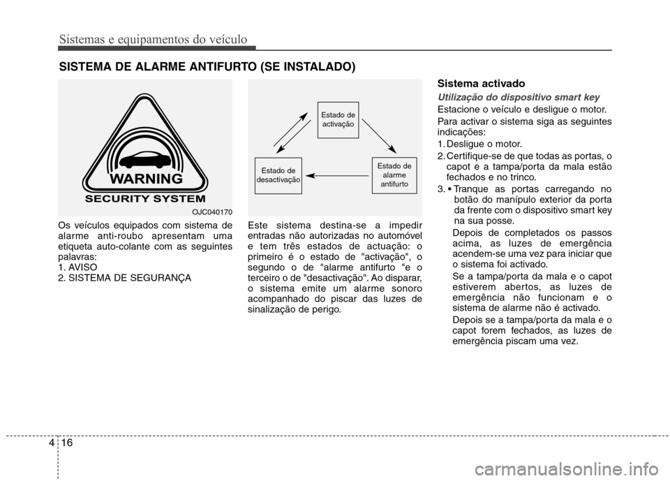 Hyundai Santa Fe 2013  Manual do proprietário (in Portuguese) Sistemas e equipamentos do veículo
16
4
Os veículos equipados com sistema de 
alarme anti-roubo apresentam umaetiqueta auto-colante com as seguintes
palavras:
1. AVISO
2. SISTEMA DE SEGURANÇA Este 