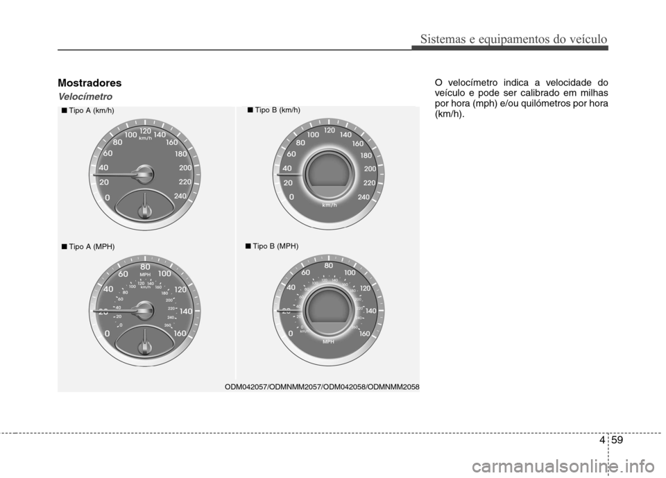 Hyundai Santa Fe 2013 Manual do proprietário (in Portuguese) 459
Sistemas e equipamentos do veículo
Mostradores
Velocímetro
O velocímetro indica a velocidade do
veículo e pode ser calibrado em milhas
por hora (mph) e/ou quilómetros por hora(km/h).
ODM0420 Hyundai Santa Fe 2013 Manual do proprietário (in Portuguese) 459
Sistemas e equipamentos do veículo
Mostradores
Velocímetro
O velocímetro indica a velocidade do
veículo e pode ser calibrado em milhas
por hora (mph) e/ou quilómetros por hora(km/h).
ODM0420