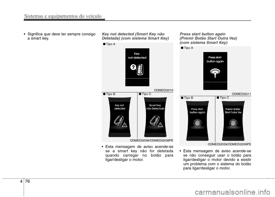 Hyundai Santa Fe 2013 Manual do proprietário (in Portuguese) Sistemas e equipamentos do veículo
76
4
Significa que deve ter sempre consigo
a smart key.Key not detected (Smart Key não
Detetada) (com sistema Smart Key)
Esta mensagem de aviso acende-se se a sm Hyundai Santa Fe 2013 Manual do proprietário (in Portuguese) Sistemas e equipamentos do veículo
76
4
Significa que deve ter sempre consigo
a smart key.Key not detected (Smart Key não
Detetada) (com sistema Smart Key)
Esta mensagem de aviso acende-se se a sm