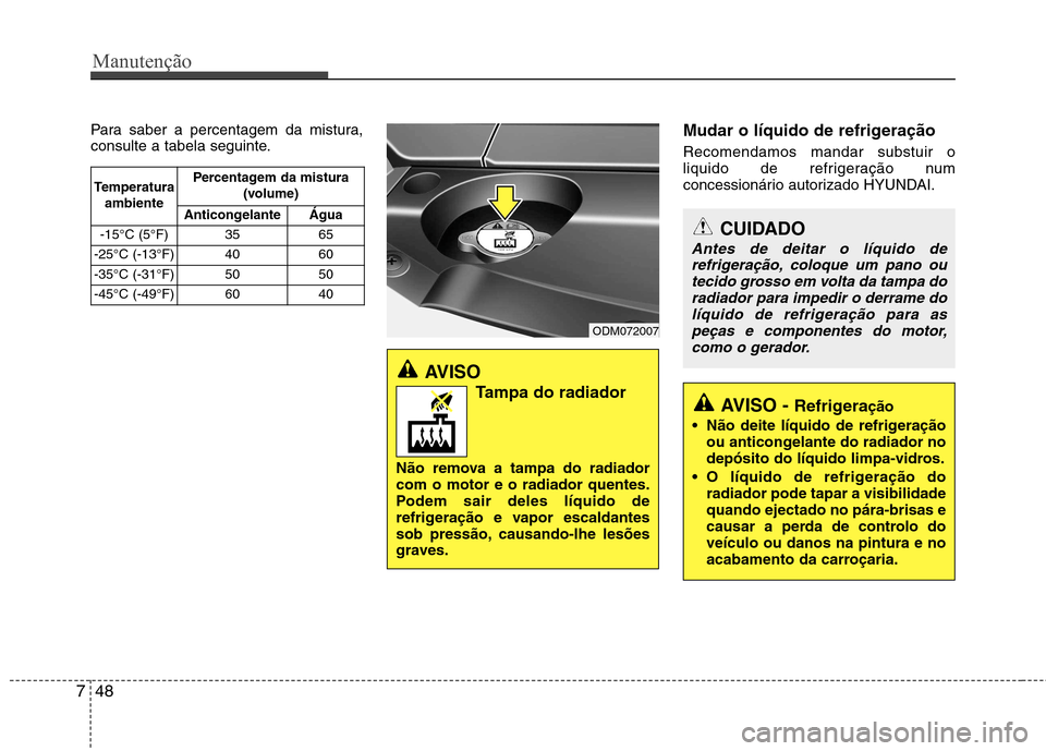 Hyundai Santa Fe 2013 Manual do proprietário (in Portuguese) Manutenção
48
7
Para saber a percentagem da mistura,
consulte a tabela seguinte. Mudar o líquido de refrigeração Recomendamos mandar substuir o
liquido de refrigeração num
concessionário aut Hyundai Santa Fe 2013 Manual do proprietário (in Portuguese) Manutenção
48
7
Para saber a percentagem da mistura,
consulte a tabela seguinte. Mudar o líquido de refrigeração Recomendamos mandar substuir o
liquido de refrigeração num
concessionário aut
