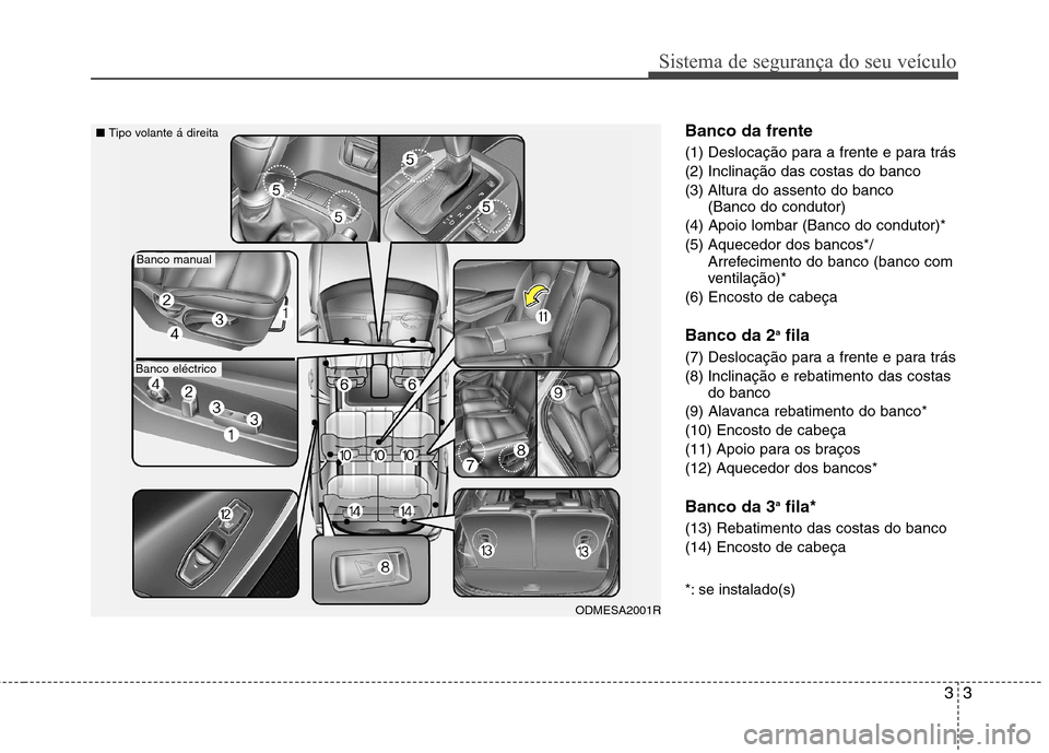 Hyundai Santa Fe 2013 Manual do proprietário (in Portuguese) 33
Sistema de segurança do seu veículo
Banco da frente
(1) Deslocação para a frente e para trás (2) Inclinação das costas do banco
(3) Altura do assento do banco (Banco do condutor)
(4) Apoio Hyundai Santa Fe 2013 Manual do proprietário (in Portuguese) 33
Sistema de segurança do seu veículo
Banco da frente
(1) Deslocação para a frente e para trás (2) Inclinação das costas do banco
(3) Altura do assento do banco (Banco do condutor)
(4) Apoio