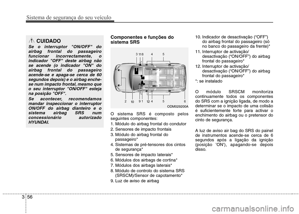 Hyundai Santa Fe 2013 Manual do proprietário (in Portuguese) Sistema de segurança do seu veículo
56
3
Componentes e funções do sistema SRS O sistema SRS é composto pelos seguintes componentes:
1. Módulo do airbag frontal do condutor
2. Sensores de impact Hyundai Santa Fe 2013 Manual do proprietário (in Portuguese) Sistema de segurança do seu veículo
56
3
Componentes e funções do sistema SRS O sistema SRS é composto pelos seguintes componentes:
1. Módulo do airbag frontal do condutor
2. Sensores de impact