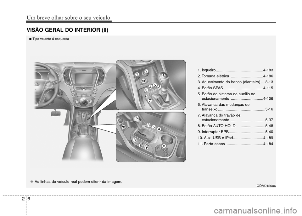 Hyundai Santa Fe 2013 Manual do proprietário (in Portuguese) Um breve olhar sobre o seu veículo
6
2
VISÃO GERAL DO INTERIOR (II)
1. Isqueiro ............................................4-183
2. Tomada elétrica ..............................4-186
3. Aquecime Hyundai Santa Fe 2013 Manual do proprietário (in Portuguese) Um breve olhar sobre o seu veículo
6
2
VISÃO GERAL DO INTERIOR (II)
1. Isqueiro ............................................4-183
2. Tomada elétrica ..............................4-186
3. Aquecime