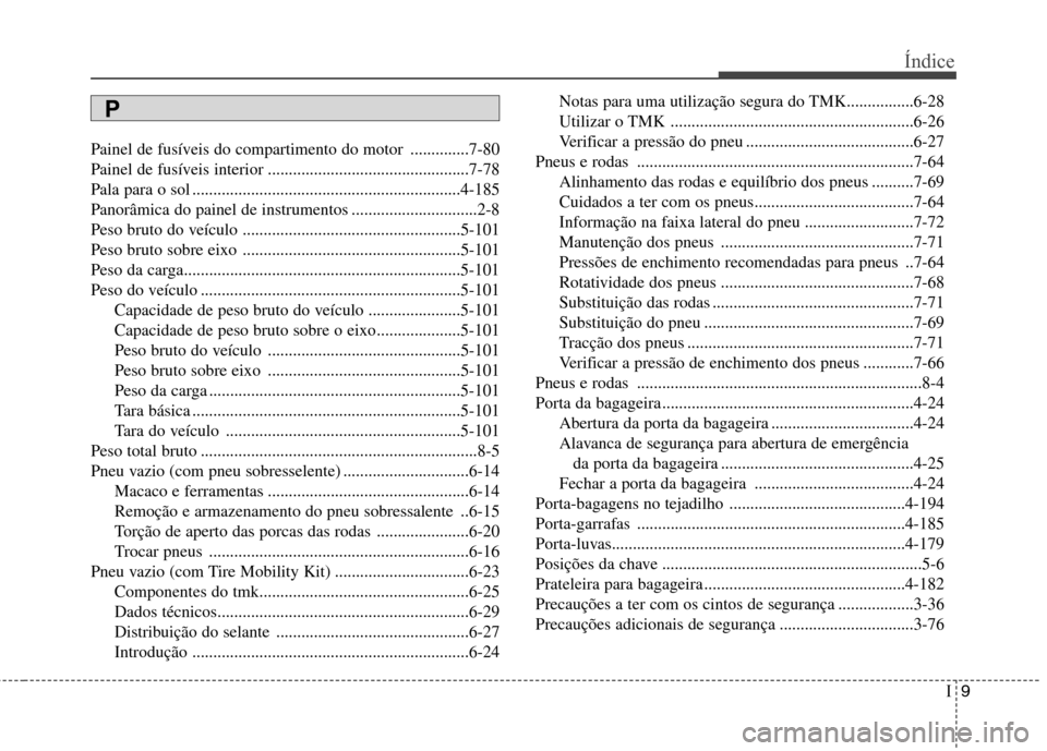 Hyundai Santa Fe 2013 Manual do proprietário (in Portuguese) I9
Índice
Painel de fusíveis do compartimento do motor ..............7-80
Painel de fusíveis interior ................................................7-78
Pala para o sol ......................... Hyundai Santa Fe 2013 Manual do proprietário (in Portuguese) I9
Índice
Painel de fusíveis do compartimento do motor ..............7-80
Painel de fusíveis interior ................................................7-78
Pala para o sol .........................