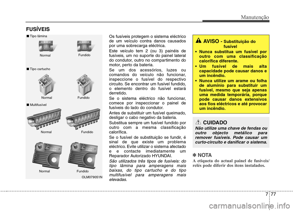 Hyundai Santa Fe 2013 Manual do proprietário (in Portuguese) 777
Manutenção
FUSÍVEISOs fusíveis protegem o sistema eléctrico
de um veículo contra danos causados
por uma sobrecarga eléctrica.
Este veículo tem 2 (ou 3) painéis de
fusíveis, um no supo Hyundai Santa Fe 2013 Manual do proprietário (in Portuguese) 777
Manutenção
FUSÍVEISOs fusíveis protegem o sistema eléctrico
de um veículo contra danos causados
por uma sobrecarga eléctrica.
Este veículo tem 2 (ou 3) painéis de
fusíveis, um no supo