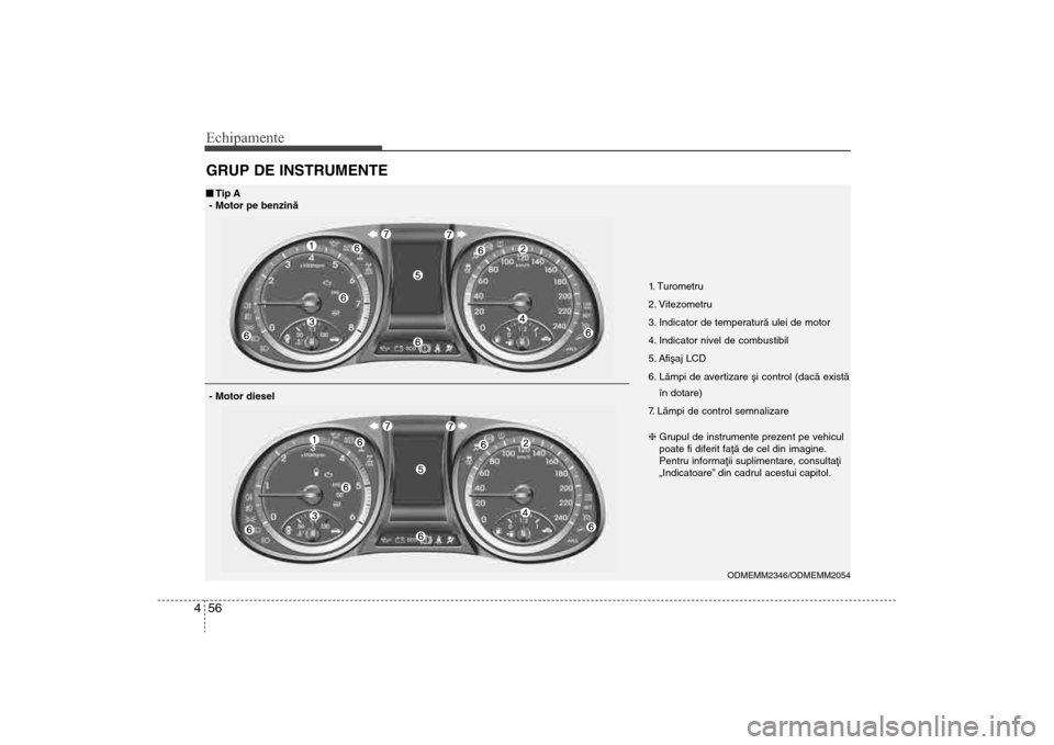 Hyundai Santa Fe 2013 Manualul de utilizare (in Romanian) Echipamente56
4GRUP DE INSTRUMENTE
1. Turometru
2. Vitezometru
3. Indicator de temperaturã ulei de motor
4. Indicator nivel de combustibil
5. Afiºaj LCD
6. Lãmpi de avertizare ºi control (dacã e Hyundai Santa Fe 2013 Manualul de utilizare (in Romanian) Echipamente56
4GRUP DE INSTRUMENTE
1. Turometru
2. Vitezometru
3. Indicator de temperaturã ulei de motor
4. Indicator nivel de combustibil
5. Afiºaj LCD
6. Lãmpi de avertizare ºi control (dacã e