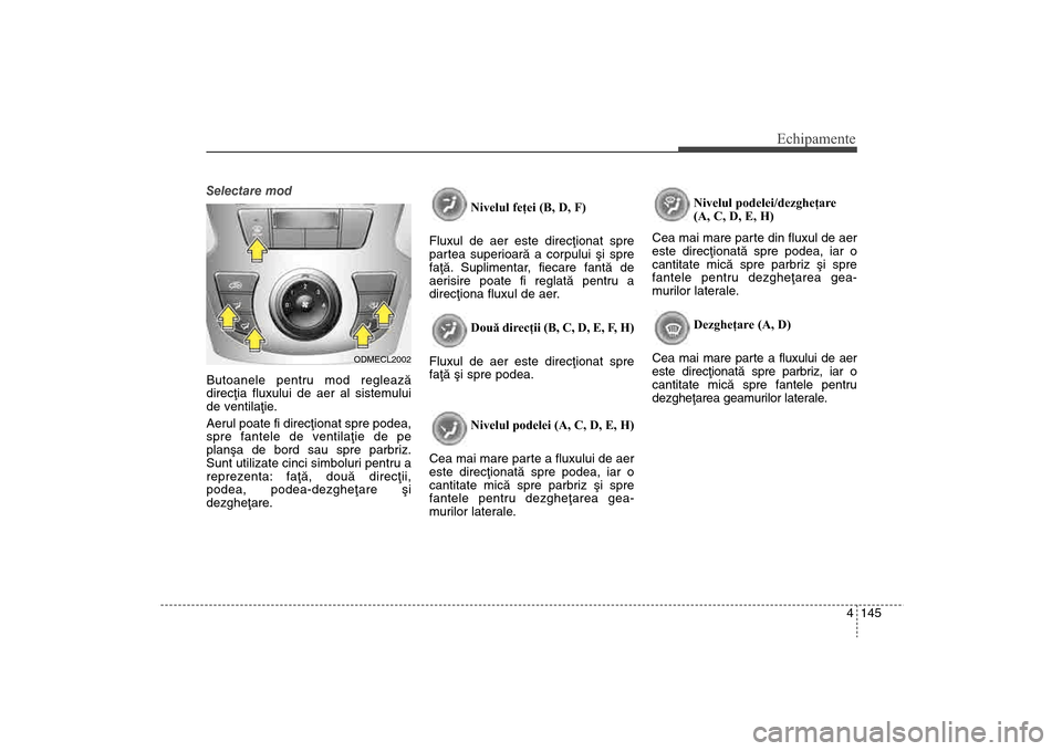 Hyundai Santa Fe 2013 Manualul de utilizare (in Romanian) 4 145
Echipamente
Selectare mod
Butoanele pentru mod regleazã
direcþia fluxului de aer al sistemului
de ventilaþie.
Aerul poate fi direcþionat spre podea,
spre fantele de ventilaþie de pe
planº Hyundai Santa Fe 2013 Manualul de utilizare (in Romanian) 4 145
Echipamente
Selectare mod
Butoanele pentru mod regleazã
direcþia fluxului de aer al sistemului
de ventilaþie.
Aerul poate fi direcþionat spre podea,
spre fantele de ventilaþie de pe
planº