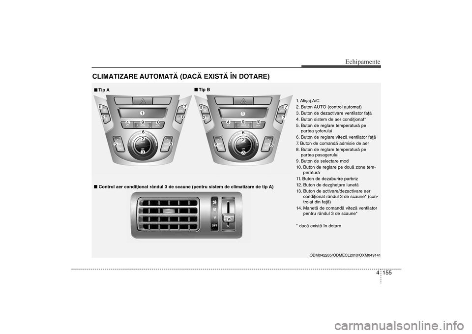 Hyundai Santa Fe 2013 Manualul de utilizare (in Romanian) 4 155
Echipamente
CLIMATIZARE AUTOMATÃ (DACÃ EXISTÃ ÎN DOTARE)
ODM042285/ODMECL2010/OXM049141
1. Afiºaj A/C
2. Buton AUTO (control automat)
3. Buton de dezactivare ventilator faþã
4. Buton sis Hyundai Santa Fe 2013 Manualul de utilizare (in Romanian) 4 155
Echipamente
CLIMATIZARE AUTOMATÃ (DACÃ EXISTÃ ÎN DOTARE)
ODM042285/ODMECL2010/OXM049141
1. Afiºaj A/C
2. Buton AUTO (control automat)
3. Buton de dezactivare ventilator faþã
4. Buton sis