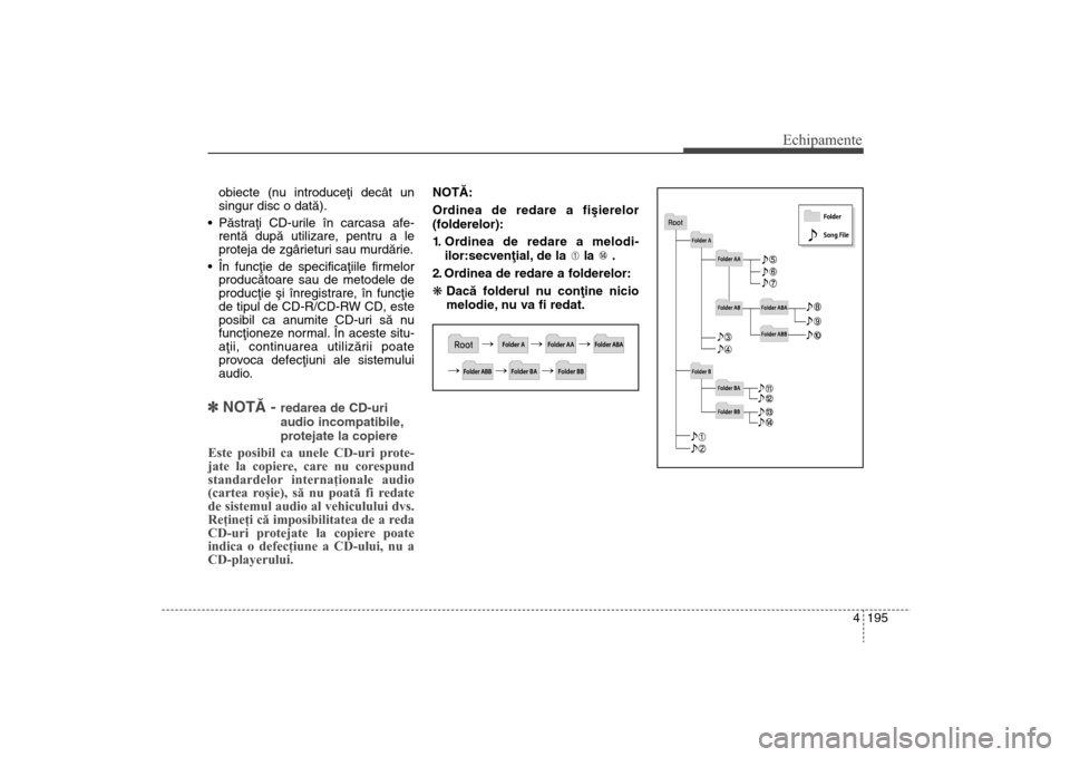 Hyundai Santa Fe 2013  Manualul de utilizare (in Romanian) 4 195
Echipamente
obiecte (nu introduceþi decât un
singur disc o datã).
 Pãstraþi CD-urile în carcasa afe- rentã dupã utilizare, pentru a le
proteja de zgârieturi sau murdãrie.
 În funcþie