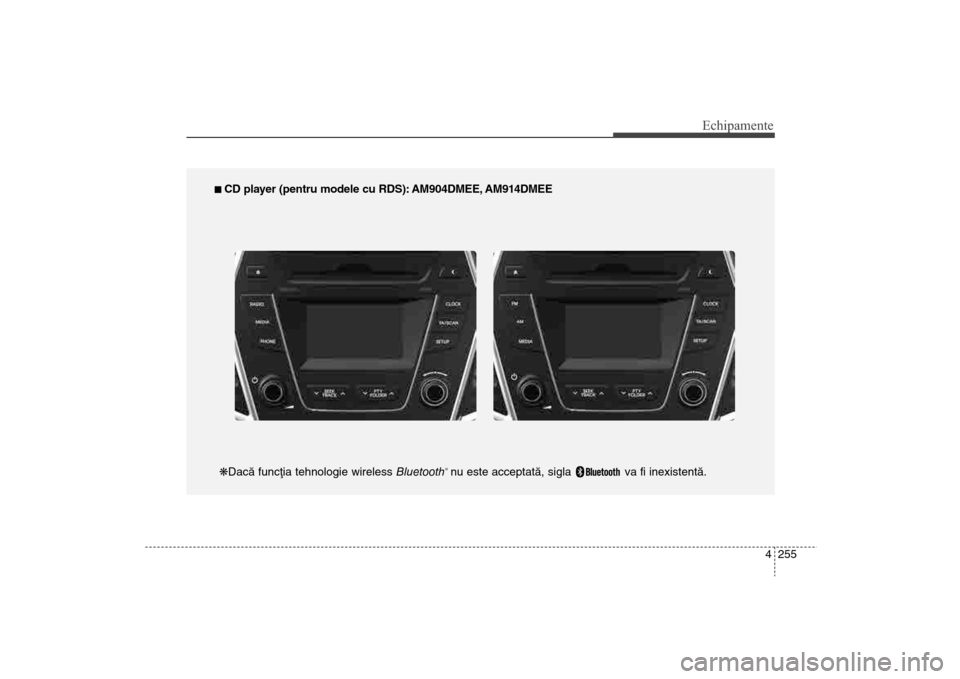 Hyundai Santa Fe 2013  Manualul de utilizare (in Romanian) 4 255
Echipamente
n CD player (pentru modele cu RDS): AM904DMEE, AM914DMEE
kDacã funcþia tehnologie wireless  Bluetooth
®nu este acceptatã, sigla  va fi inexistentã.
DM eng 4c audio:CM (FL).qxd  