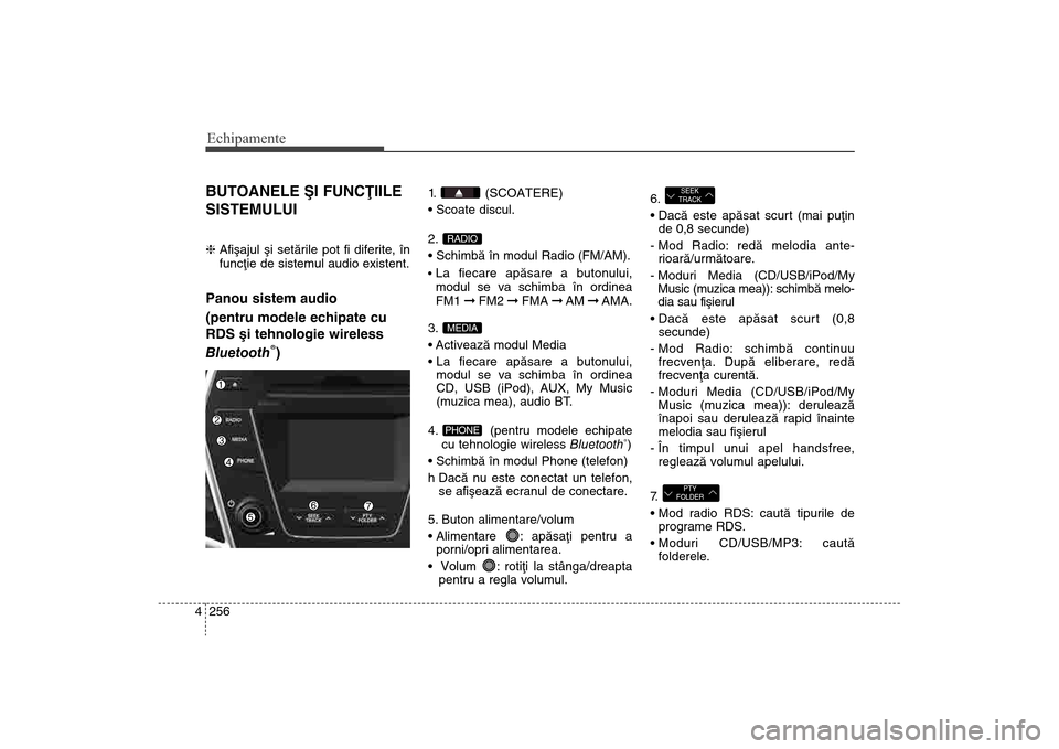 Hyundai Santa Fe 2013  Manualul de utilizare (in Romanian) Echipamente256
4BUTOANELE ªI FUNCÞIILE
SISTEMULUI h  Afiºajul ºi setãrile pot fi diferite, în
funcþie de sistemul audio existent.Panou sistem audio 
(pentru modele echipate cu
RDS ºi tehnologi