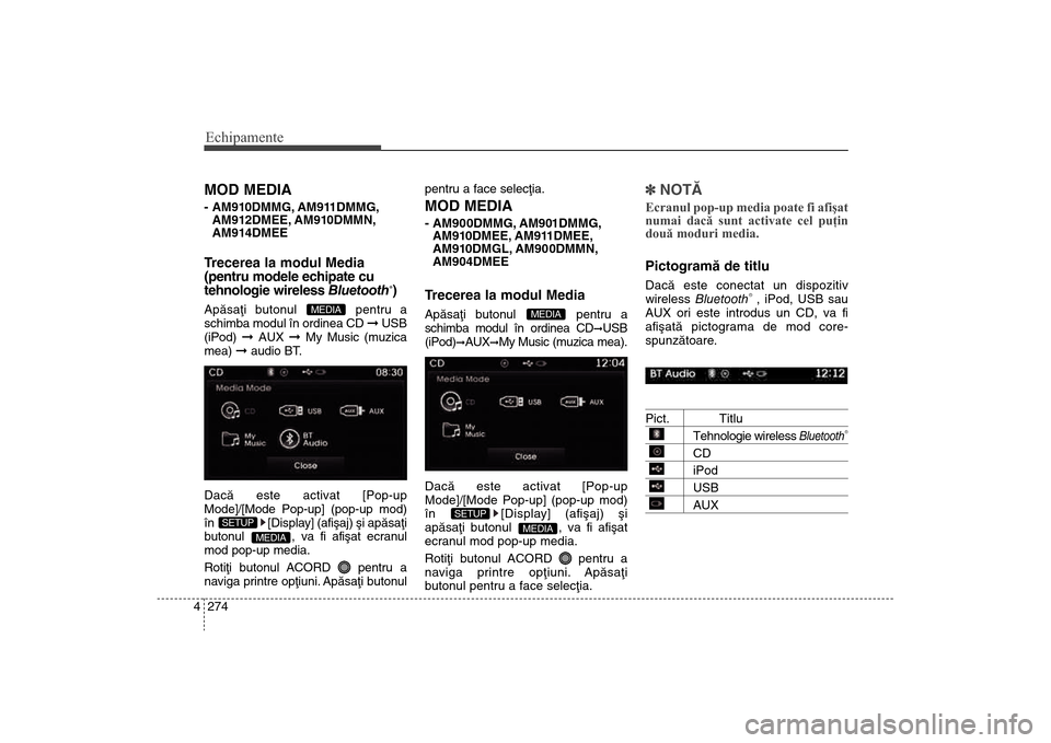 Hyundai Santa Fe 2013  Manualul de utilizare (in Romanian) Echipamente274
4MOD MEDIA- AM910DMMG, AM911DMMG,
AM912DMEE, AM910DMMN,
AM914DMEETrecerea la modul Media
(pentru modele echipate cu
tehnologie wireless  Bluetooth
®)
Apãsaþi butonul  pentru a
schimb