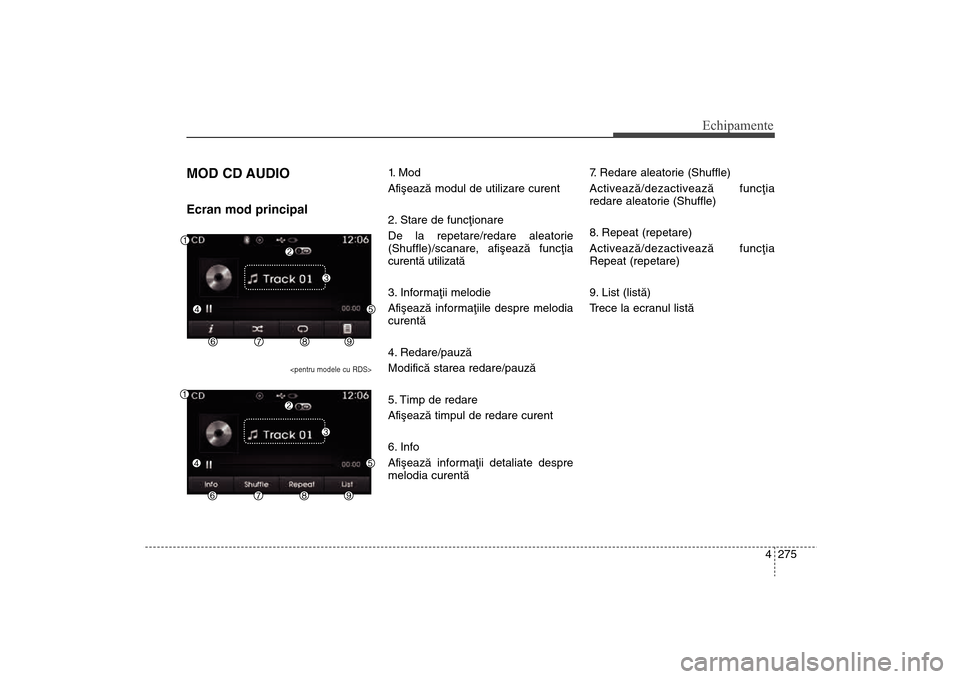 Hyundai Santa Fe 2013 Manualul de utilizare (in Romanian) 4 275
Echipamente
MOD CD AUDIOEcran mod principal
<pentru modele cu RDS>
1. M o d
Afiºeazã modul de utilizare curent
2. Stare de funcþionare
De la repetare/redare aleatorie
(Shuffle)/scanare, afi Hyundai Santa Fe 2013 Manualul de utilizare (in Romanian) 4 275
Echipamente
MOD CD AUDIOEcran mod principal
<pentru modele cu RDS>
1. M o d
Afiºeazã modul de utilizare curent
2. Stare de funcþionare
De la repetare/redare aleatorie
(Shuffle)/scanare, afi