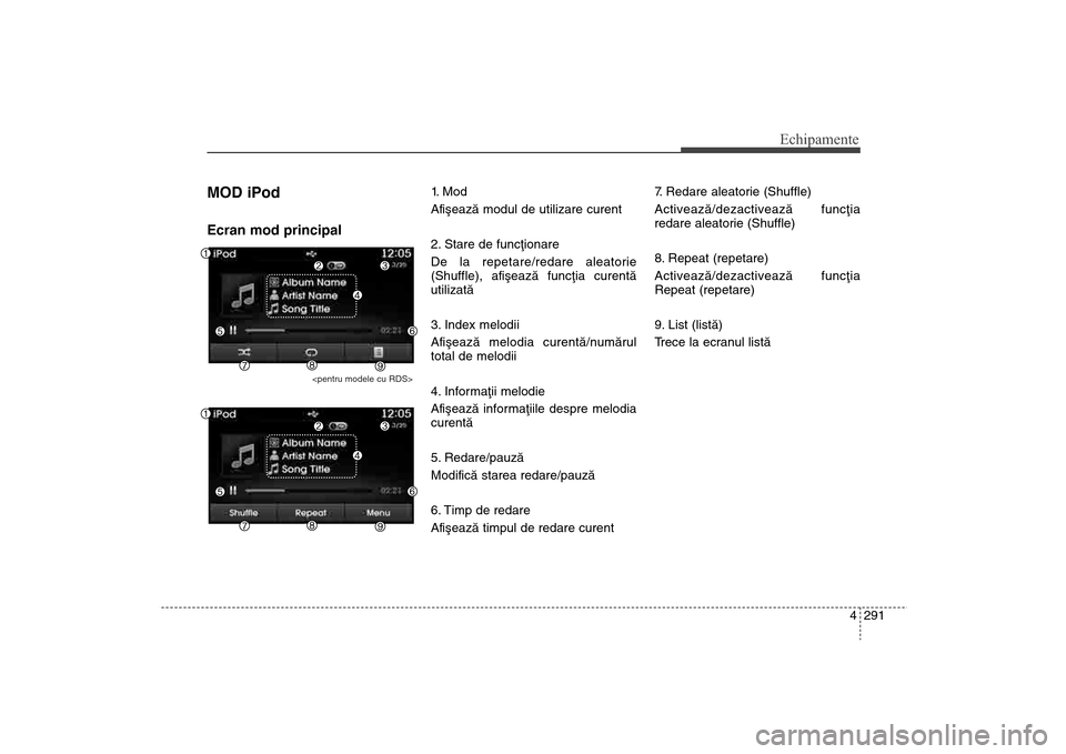 Hyundai Santa Fe 2013 Manualul de utilizare (in Romanian) 4 291
Echipamente
MOD iPodEcran mod principal
<pentru modele cu RDS>
1. M o d
Afiºeazã modul de utilizare curent
2. Stare de funcþionare
De la repetare/redare aleatorie
(Shuffle), afiºeazã func Hyundai Santa Fe 2013 Manualul de utilizare (in Romanian) 4 291
Echipamente
MOD iPodEcran mod principal
<pentru modele cu RDS>
1. M o d
Afiºeazã modul de utilizare curent
2. Stare de funcþionare
De la repetare/redare aleatorie
(Shuffle), afiºeazã func