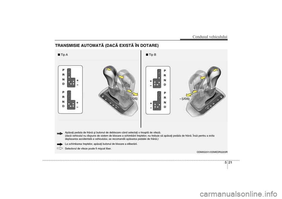 Hyundai Santa Fe 2013 Manualul de utilizare (in Romanian) 521
Condusul vehiculului
TRANSMISIE AUTOMATÃ (DACÃ EXISTÃ ÎN DOTARE)
ODM052011/ODMEDR2203R
Selectorul de viteze poate fi miºcat liber. La schimbarea treptelor, apãsaþi butonul de blocare a elib Hyundai Santa Fe 2013 Manualul de utilizare (in Romanian) 521
Condusul vehiculului
TRANSMISIE AUTOMATÃ (DACÃ EXISTÃ ÎN DOTARE)
ODM052011/ODMEDR2203R
Selectorul de viteze poate fi miºcat liber. La schimbarea treptelor, apãsaþi butonul de blocare a elib