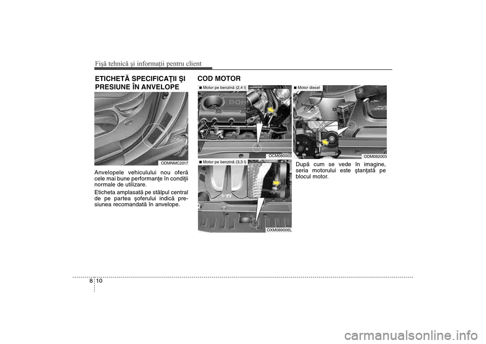 Hyundai Santa Fe 2013 Manualul de utilizare (in Romanian) Fişă tehnică şi informaţii pentru client10
8Anvelopele vehiculului nou oferã
cele mai bune performanþe în condiþii
normale de utilizare.
Eticheta amplasatã pe stâlpul central
de pe partea Hyundai Santa Fe 2013 Manualul de utilizare (in Romanian) Fişă tehnică şi informaţii pentru client10
8Anvelopele vehiculului nou oferã
cele mai bune performanþe în condiþii
normale de utilizare.
Eticheta amplasatã pe stâlpul central
de pe partea