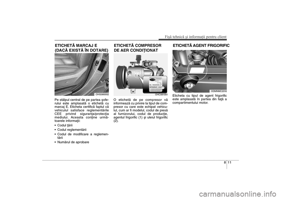 Hyundai Santa Fe 2013 Manualul de utilizare (in Romanian) 811
Fişă tehnică şi informaţii pentru client
Pe stâlpul central de pe partea ºofe-
rului este amplasatã o etichetã cu
marcaj E. Eticheta certificã faptul cã
vehiculul satisface reglementãr Hyundai Santa Fe 2013 Manualul de utilizare (in Romanian) 811
Fişă tehnică şi informaţii pentru client
Pe stâlpul central de pe partea ºofe-
rului este amplasatã o etichetã cu
marcaj E. Eticheta certificã faptul cã
vehiculul satisface reglementãr