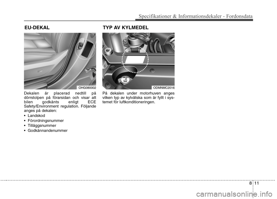 Hyundai Santa Fe 2013  Ägarmanual (in Swedish) 811
Specifikationer & Informationsdekaler - Fordonsdata
Dekalen är placerad nedtill på 
dörrstolpen på förarsidan och visar attbilen godkänts enligt ECE
Safety/Environment regulation. Följandea