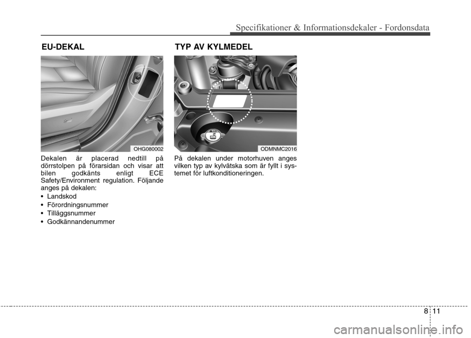 Hyundai Santa Fe 2013 Ägarmanual (in Swedish) 811
Specifikationer & Informationsdekaler - Fordonsdata
Dekalen är placerad nedtill på
dörrstolpen på förarsidan och visar attbilen godkänts enligt ECE
Safety/Environment regulation. Följandea Hyundai Santa Fe 2013 Ägarmanual (in Swedish) 811
Specifikationer & Informationsdekaler - Fordonsdata
Dekalen är placerad nedtill på
dörrstolpen på förarsidan och visar attbilen godkänts enligt ECE
Safety/Environment regulation. Följandea