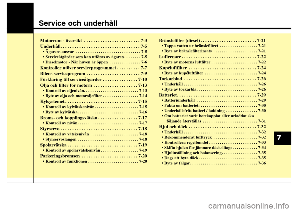 Hyundai Santa Fe 2013  Ägarmanual (in Swedish) Service och underhåll
Motorrum - översikt . . . . . . . . . . . . . . . . . . . . . . . . 7-3 
Underhåll. . . . . . . . . . . . . . . . . . . . . . . . . . . . . . . . . . 7-5 . . . . . . . . . . .