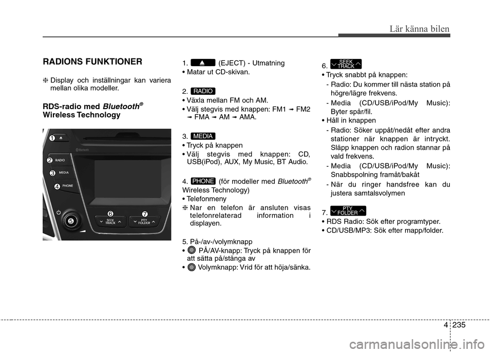 Hyundai Santa Fe 2013  Ägarmanual (in Swedish) 4235
Lär känna bilen
RADIONS FUNKTIONER ❈ Display och inställningar kan variera 
mellan olika modeller.
RDS-radio med 
Bluetooth®
Wireless Technology 1. (EJECT) - Utmatning 
 2. 

 FM1 
➟
FM2
