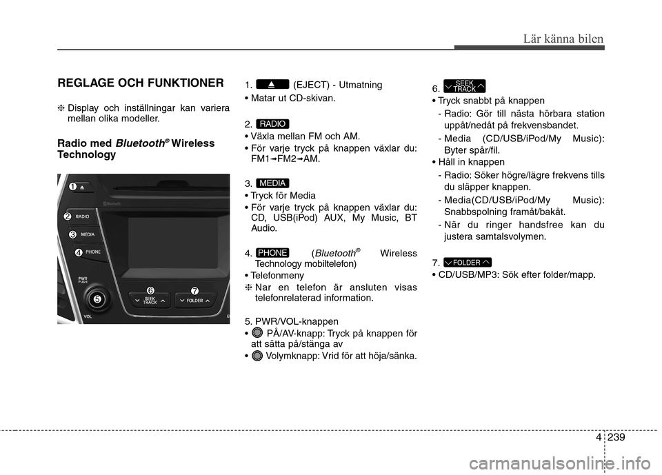 Hyundai Santa Fe 2013  Ägarmanual (in Swedish) 4239
Lär känna bilen
REGLAGE OCH FUNKTIONER ❈ Display och inställningar kan variera 
mellan olika modeller.
Radio med 
Bluetooth®Wireless
Technology 1. (EJECT) - Utmatning 
 2. 


FM1 ➟
FM2 