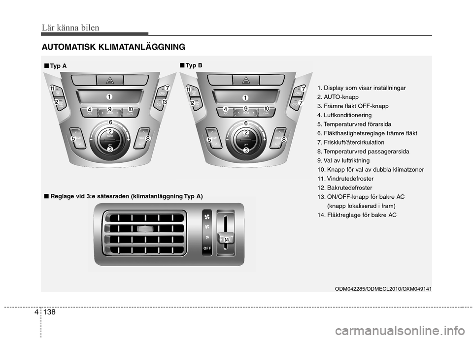 Hyundai Santa Fe 2013 Ägarmanual (in Swedish) Lär känna bilen
138
4
AUTOMATISK KLIMATANLÄGGNING
ODM042285/ODMECL2010/OXM049141
■■
Typ A ■■
Typ B
■■
Reglage vid 3:e sätesraden (klimatanläggning Typ A)
1. Display som visar inst Hyundai Santa Fe 2013 Ägarmanual (in Swedish) Lär känna bilen
138
4
AUTOMATISK KLIMATANLÄGGNING
ODM042285/ODMECL2010/OXM049141
■■
Typ A ■■
Typ B
■■
Reglage vid 3:e sätesraden (klimatanläggning Typ A)
1. Display som visar inst