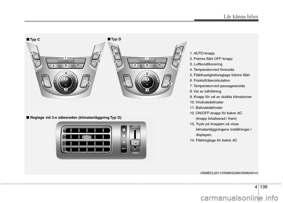 Hyundai Santa Fe 2013 Ägarmanual (in Swedish) 4139
Lär känna bilen
ODMECL2011/ODM042286/OXM049141
■■Typ C ■■
Typ D
■■
Reglage vid 3:e sätesraden (klimatanläggning Typ D)
1. AUTO-knapp
2. Främre fläkt OFF-knapp
3. Luftkonditio Hyundai Santa Fe 2013 Ägarmanual (in Swedish) 4139
Lär känna bilen
ODMECL2011/ODM042286/OXM049141
■■Typ C ■■
Typ D
■■
Reglage vid 3:e sätesraden (klimatanläggning Typ D)
1. AUTO-knapp
2. Främre fläkt OFF-knapp
3. Luftkonditio