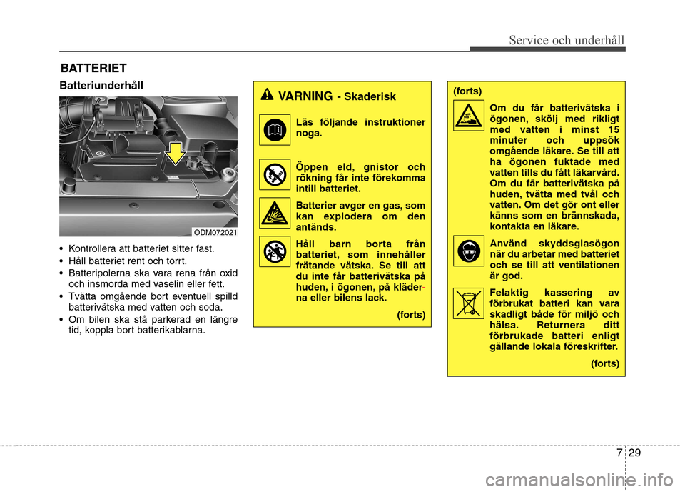 Hyundai Santa Fe 2013  Ägarmanual (in Swedish) 729
Service och underhåll 
BATTERIET
Batteriunderhåll 
 Kontrollera att batteriet sitter fast. 
 Håll batteriet rent och torrt.
 Batteripolerna ska vara rena från oxid och insmorda med vaselin ell