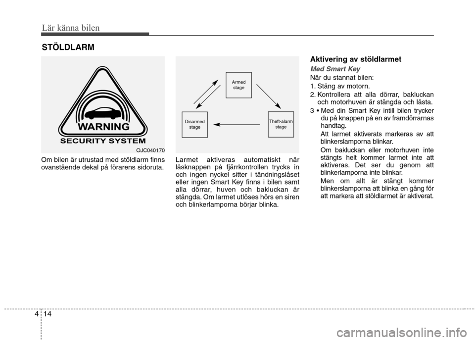 Hyundai Santa Fe 2013  Ägarmanual (in Swedish) Lär känna bilen
14
4
Om bilen är utrustad med stöldlarm finns 
ovanstående dekal på förarens sidoruta. Larmet aktiveras automatiskt när
låsknappen på fjärrkontrollen trycks in
och ingen nyc
