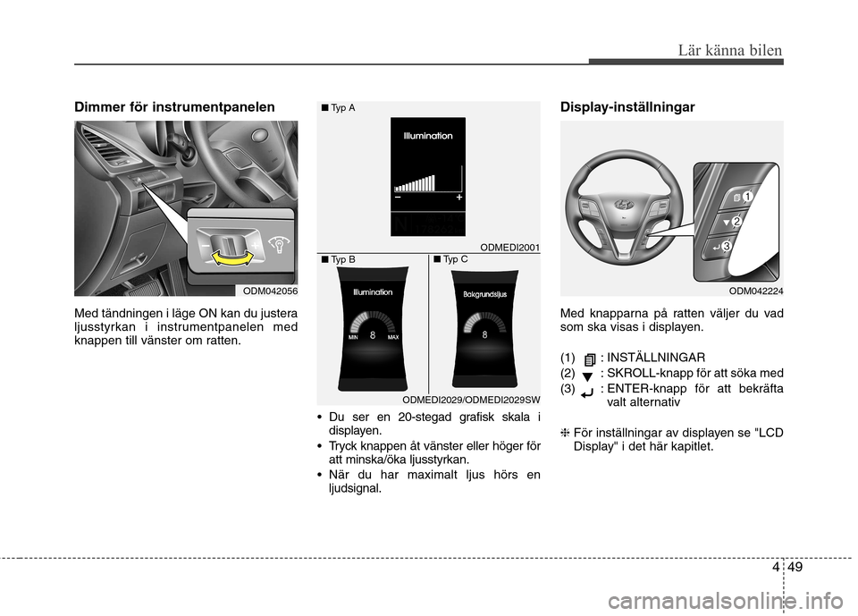 Hyundai Santa Fe 2013  Ägarmanual (in Swedish) 449
Lär känna bilen
Dimmer för instrumentpanelen 
Med tändningen i läge ON kan du justera 
ljusstyrkan i instrumentpanelen med
knappen till vänster om ratten. Du ser en 20-stegad grafisk skala i