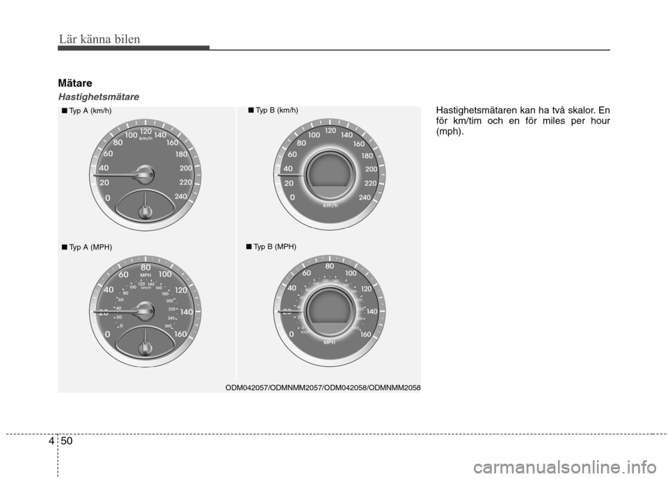 Hyundai Santa Fe 2013  Ägarmanual (in Swedish) 50
4
Lär känna bilen
Mätare
Hastighetsmätare
Hastighetsmätaren kan ha två skalor. En för km/tim och en för miles per hour(mph).
ODM042057/ODMNMM2057/ODM042058/ODMNMM2058
■ Typ A (km/h)■Typ