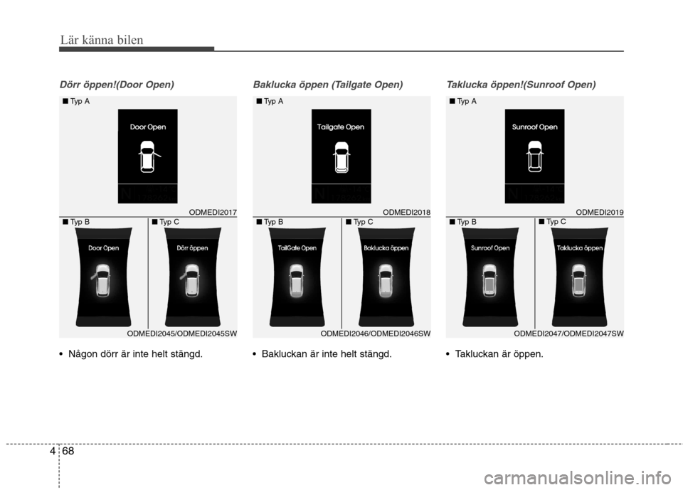 Hyundai Santa Fe 2013  Ägarmanual (in Swedish) 68
4
Lär känna bilen
Dörr öppen!(Door Open)
 Någon dörr är inte helt stängd.
Baklucka öppen (Tailgate Open)
 Bakluckan är inte helt stängd.
Taklucka öppen!(Sunroof Open)
 Takluckan är öp