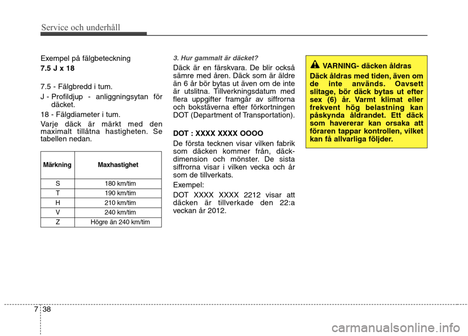 Hyundai Santa Fe 2013  Ägarmanual (in Swedish) Service och underhåll 
38
7
Exempel på fälgbeteckning 7.5 J x 18  7.5 - Fälgbredd i tum. 
J - Profildjup - anliggningsytan för
däcket.
18 - Fälgdiameter i tum. 
Varje däck är märkt med den 
