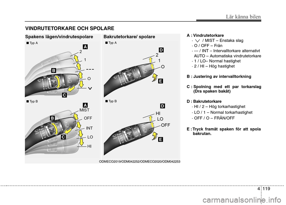 Hyundai Santa Fe 2013 Ägarmanual (in Swedish) 4119
Lär känna bilen
A : Vindrutetorkare· / MIST – Enstaka slag
· O / OFF – Från
· --- / INT – Intervalltorkare alternativt AUTO – Automatiska vindrutetorkare
· 1 / LO– Normal hasti Hyundai Santa Fe 2013 Ägarmanual (in Swedish) 4119
Lär känna bilen
A : Vindrutetorkare· / MIST – Enstaka slag
· O / OFF – Från
· --- / INT – Intervalltorkare alternativt AUTO – Automatiska vindrutetorkare
· 1 / LO– Normal hasti