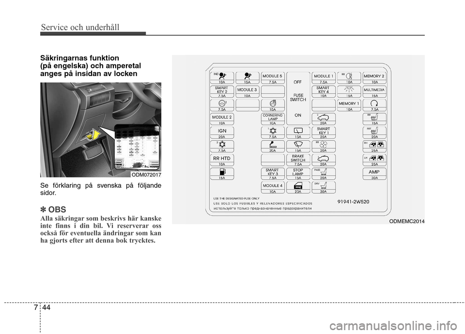 Hyundai Santa Fe 2013 Ägarmanual (in Swedish) Service och underhåll
44
7
Säkringarnas funktion
(på engelska) och amperetal
anges på insidan av locken
Se förklaring på svenska på följande
sidor.
✽✽
OBS
Alla säkringar som beskrivs Hyundai Santa Fe 2013 Ägarmanual (in Swedish) Service och underhåll
44
7
Säkringarnas funktion
(på engelska) och amperetal
anges på insidan av locken
Se förklaring på svenska på följande
sidor.
✽✽
OBS
Alla säkringar som beskrivs