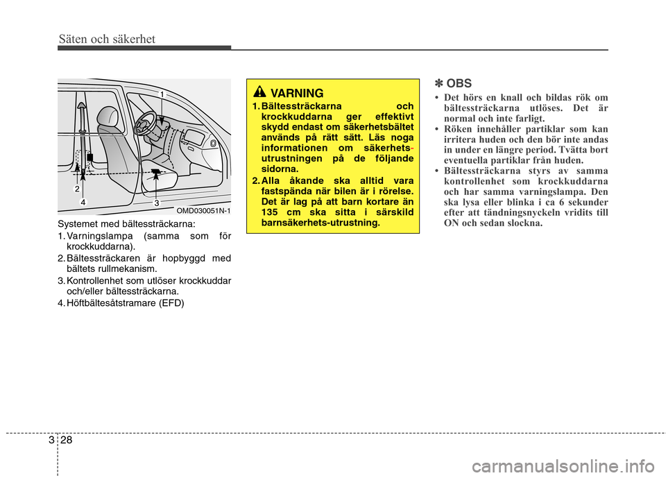 Hyundai Santa Fe 2013 Ägarmanual (in Swedish) Säten och säkerhet
28
3
Systemet med bältessträckarna:
1. Varningslampa (samma som för
krockkuddarna).
2. Bältessträckaren är hopbyggd med bältets rullmekanism.
3. Kontrollenhet som utlöser Hyundai Santa Fe 2013 Ägarmanual (in Swedish) Säten och säkerhet
28
3
Systemet med bältessträckarna:
1. Varningslampa (samma som för
krockkuddarna).
2. Bältessträckaren är hopbyggd med bältets rullmekanism.
3. Kontrollenhet som utlöser