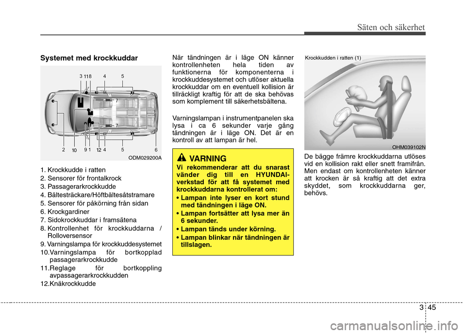 Hyundai Santa Fe 2013 Ägarmanual (in Swedish) 345
Säten och säkerhet
Systemet med krockkuddar
1. Krockkudde i ratten
2. Sensorer för frontalkrock
3. Passagerarkrockkudde
4. Bältesträckare/Höftbältesåtstramare
5. Sensorer för påkörnin Hyundai Santa Fe 2013 Ägarmanual (in Swedish) 345
Säten och säkerhet
Systemet med krockkuddar
1. Krockkudde i ratten
2. Sensorer för frontalkrock
3. Passagerarkrockkudde
4. Bältesträckare/Höftbältesåtstramare
5. Sensorer för påkörnin