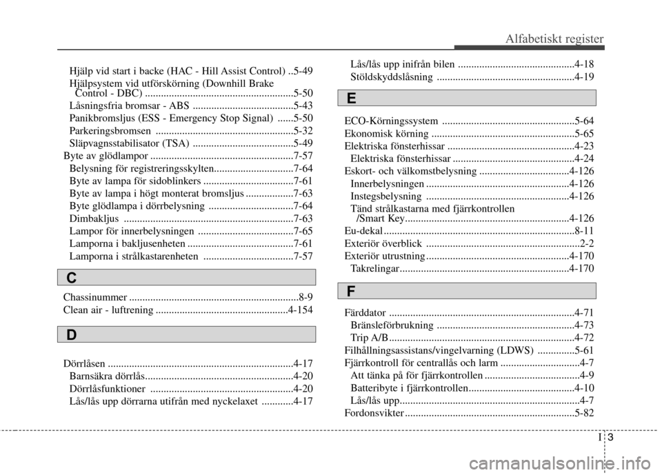 Hyundai Santa Fe 2013  Ägarmanual (in Swedish) I3
Hjälp vid start i backe (HAC - Hill Assist Control) ..5-49 
Hjälpsystem vid utförskörning (Downhill Brake
Control - DBC) ........................................................5-50
Låsningsfr