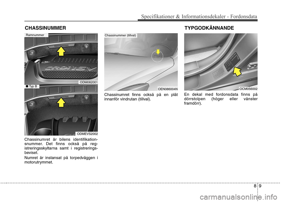 Hyundai Santa Fe 2013  Ägarmanual (in Swedish) 89
Specifikationer & Informationsdekaler - Fordonsdata
Chassinumret är bilens identifikation- 
snummer. Det finns också på reg-
istreringsskyltarna samt i registrerings-
beviset. 
Numret är instan