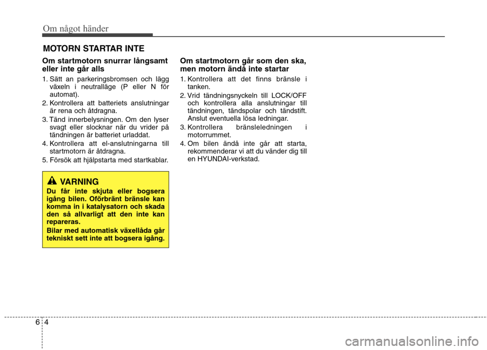 Hyundai Santa Fe 2013 Ägarmanual (in Swedish) Om något händer
4
6
MOTORN STARTAR INTE
Om startmotorn snurrar långsamt eller inte går alls
1. Sätt an parkeringsbromsen och lägg växeln i neutralläge (P eller N för automat).
2. Kontroller Hyundai Santa Fe 2013 Ägarmanual (in Swedish) Om något händer
4
6
MOTORN STARTAR INTE
Om startmotorn snurrar långsamt eller inte går alls
1. Sätt an parkeringsbromsen och lägg växeln i neutralläge (P eller N för automat).
2. Kontroller