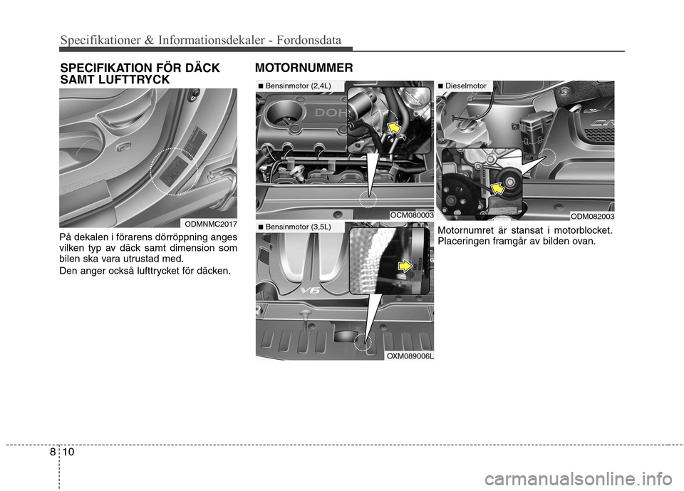 Hyundai Santa Fe 2013  Ägarmanual (in Swedish) 10
8
Specifikationer & Informationsdekaler - Fordonsdata
På dekalen i förarens dörröppning anges 
vilken typ av däck samt dimension som
bilen ska vara utrustad med. 
Den anger också lufttrycket 