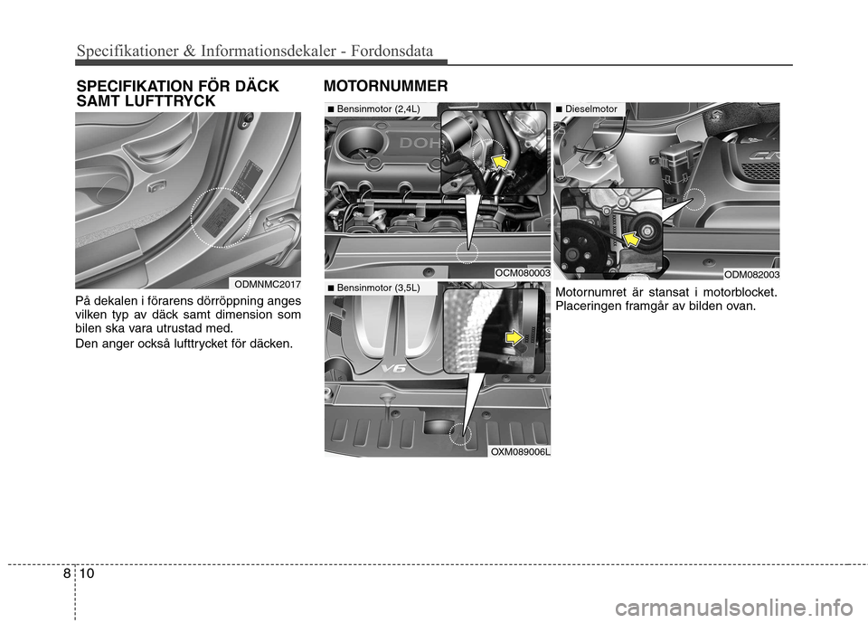 Hyundai Santa Fe 2013 Ägarmanual (in Swedish) 10
8
Specifikationer & Informationsdekaler - Fordonsdata
På dekalen i förarens dörröppning anges
vilken typ av däck samt dimension som
bilen ska vara utrustad med.
Den anger också lufttrycket Hyundai Santa Fe 2013 Ägarmanual (in Swedish) 10
8
Specifikationer & Informationsdekaler - Fordonsdata
På dekalen i förarens dörröppning anges
vilken typ av däck samt dimension som
bilen ska vara utrustad med.
Den anger också lufttrycket