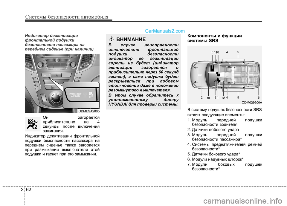 Hyundai Santa Fe 2013 Инструкция по эксплуатации (in Russian) Системы безопасности автомобиля
62
3
Индикатор деактивации
фронтальной подушки
безопасности пассажира на
пе Hyundai Santa Fe 2013 Инструкция по эксплуатации (in Russian) Системы безопасности автомобиля
62
3
Индикатор деактивации
фронтальной подушки
безопасности пассажира на
пе