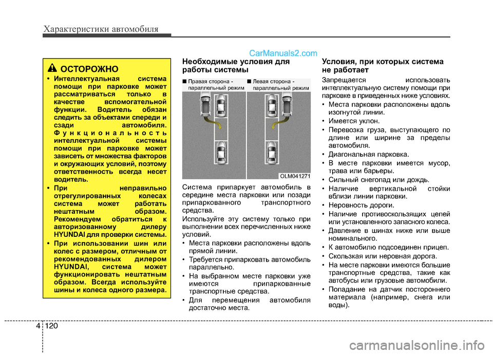 Hyundai Santa Fe 2013  Инструкция по эксплуатации (in Russian) Характеристики автомобиля
120
4
Необходимые условия для 
работы системы 
Система припаркует автомобиль в 
сере