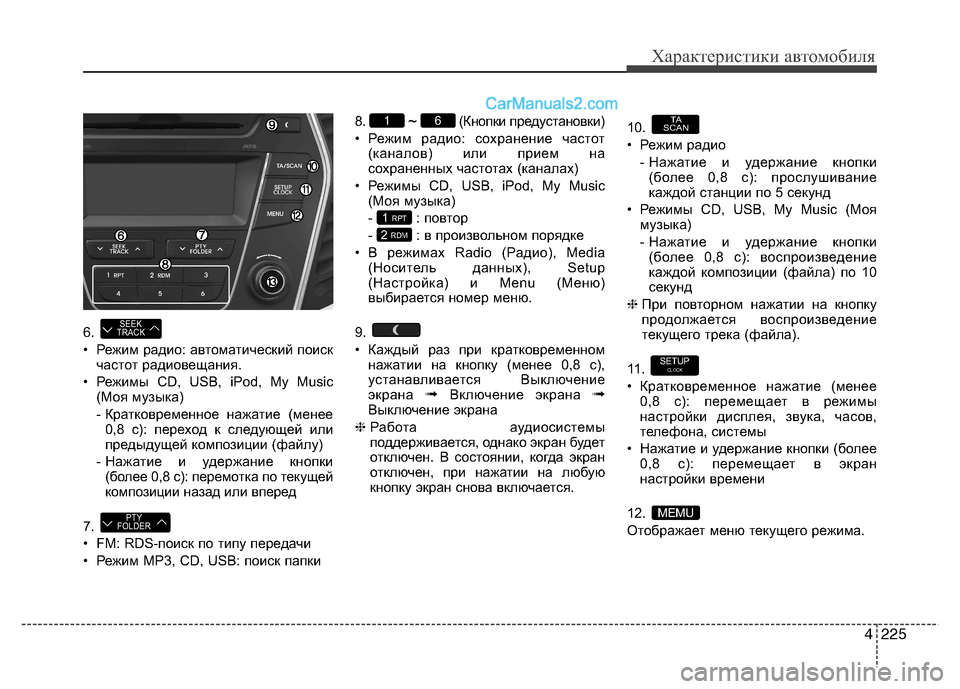 Hyundai Santa Fe 2013 Инструкция по эксплуатации (in Russian) 4225
Характеристики автомобиля
6.
• Режим радио: автоматический поискчастот радиовещания.
• Режимы CD, USB, iPod, My Hyundai Santa Fe 2013 Инструкция по эксплуатации (in Russian) 4225
Характеристики автомобиля
6.
• Режим радио: автоматический поискчастот радиовещания.
• Режимы CD, USB, iPod, My
