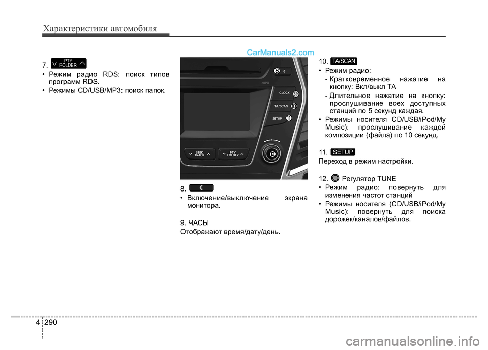 Hyundai Santa Fe 2013 Инструкция по эксплуатации (in Russian) Характеристики автомобиля
290
4
7.
• Режим радио RDS: поиск типов
программ RDS.
• Режимы CD/USB/MP3: поиск папок.
8.
• Вк Hyundai Santa Fe 2013 Инструкция по эксплуатации (in Russian) Характеристики автомобиля
290
4
7.
• Режим радио RDS: поиск типов
программ RDS.
• Режимы CD/USB/MP3: поиск папок.
8.
• Вк