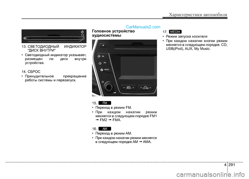 Hyundai Santa Fe 2013 Инструкция по эксплуатации (in Russian) 4291
Характеристики автомобиля
13. СВЕТОДИОДНЫЙ ИНДИКАТОР
"ДИСК ВНУТРИ"
• Светодиодный индикатор указывает, ра Hyundai Santa Fe 2013 Инструкция по эксплуатации (in Russian) 4291
Характеристики автомобиля
13. СВЕТОДИОДНЫЙ ИНДИКАТОР
"ДИСК ВНУТРИ"
• Светодиодный индикатор указывает, ра
