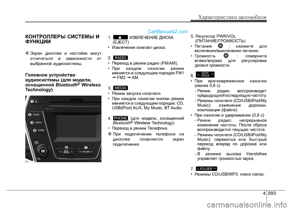 Hyundai Santa Fe 2013 Инструкция по эксплуатации (in Russian) 4293
Характеристики автомобиля
КОНТРОЛЛЕРЫ СИСТЕМЫ И
ФУНКЦИИ ❈Экран дисплея и настойки могут
отличаться в з Hyundai Santa Fe 2013 Инструкция по эксплуатации (in Russian) 4293
Характеристики автомобиля
КОНТРОЛЛЕРЫ СИСТЕМЫ И
ФУНКЦИИ ❈Экран дисплея и настойки могут
отличаться в з