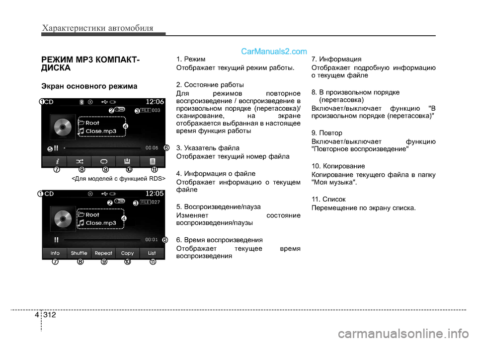Hyundai Santa Fe 2013 Инструкция по эксплуатации (in Russian) Характеристики автомобиля
312
4
РЕЖИМ MP3 КОМПАКТ-
ДИСКА
Экран основного режима
<Для моделей с функцией RDS> 1. Реж Hyundai Santa Fe 2013 Инструкция по эксплуатации (in Russian) Характеристики автомобиля
312
4
РЕЖИМ MP3 КОМПАКТ-
ДИСКА
Экран основного режима
<Для моделей с функцией RDS> 1. Реж